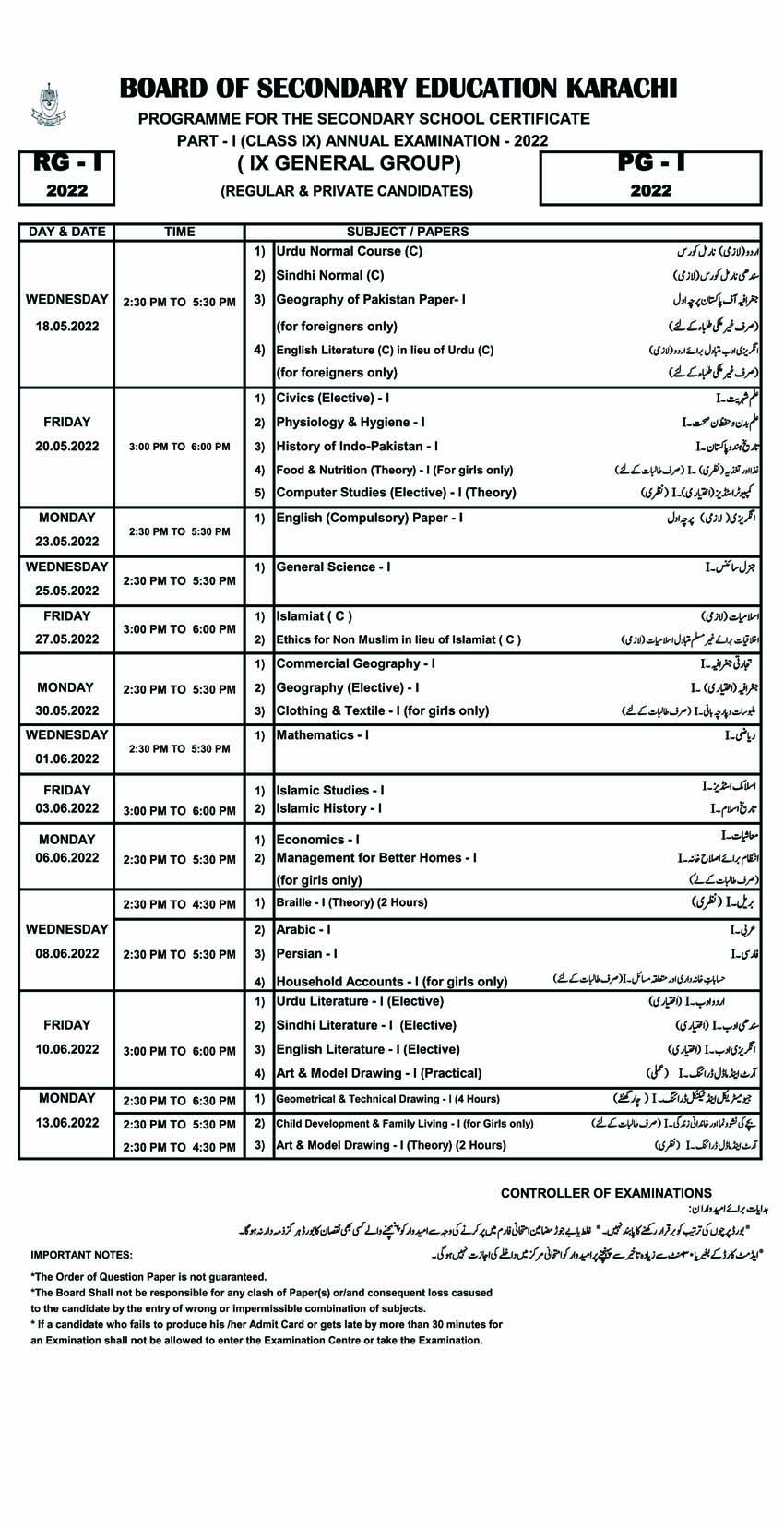 (PDF) 9th Class Date Sheet Sindh board 2022